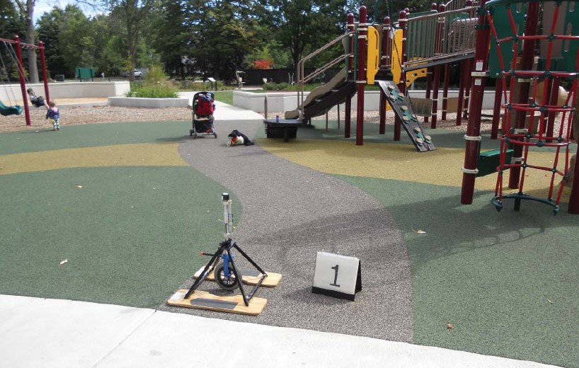 A rotational penetrometer is placed at the entry of the accessible route to the playground consisting of poured-in-place rubber.
