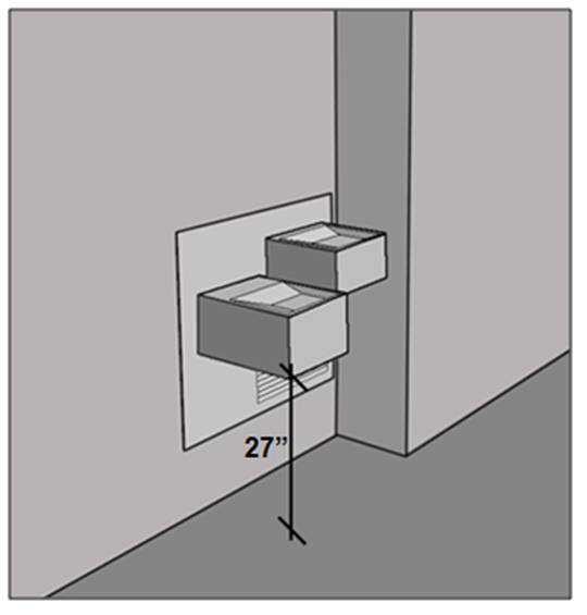 Hi-lo drinking fountain with higher unit enclosed by lower unit on one site and a wall bump-out on the other