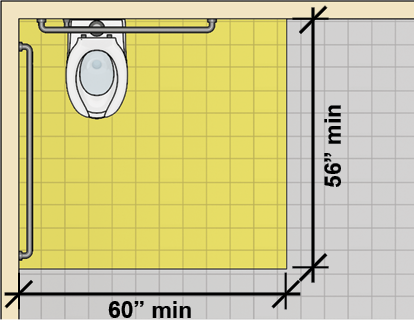 Water closet in corner with clearance 60 inches wide min. and 56 inches min. deep