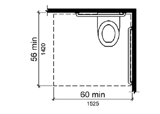 The clearance around a water closet is shown in plan view to be 60 inches (1525 mm) wide minimum and 56 inches (1420 mm) deep minimum.
