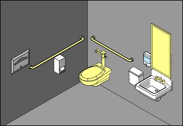 Figure of toilet room with altered elements highlighted:  toilet, grab bars, faucet controls, and mirror.  