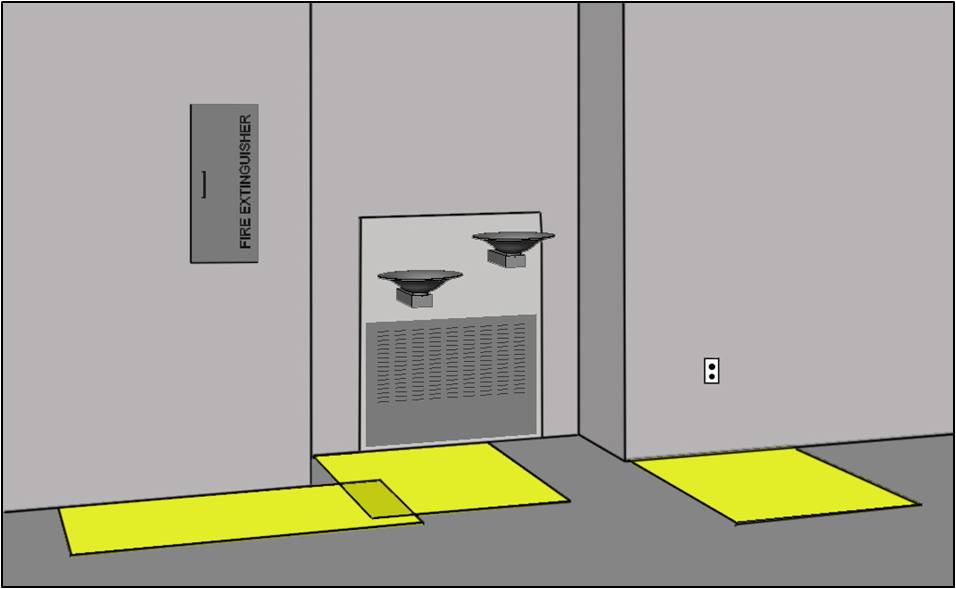 Clear floor space highlighted at fire extinguisher cabinet, drinking fountain, and electrical outlet