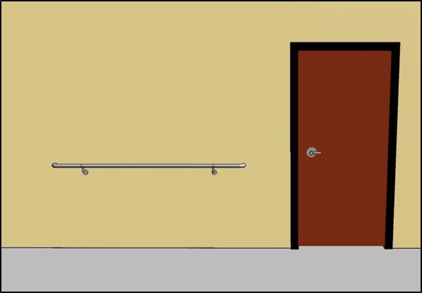 Corridor with doorway and adjacent handrail.