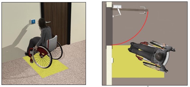 Person using wheelchair pushing automated door control; clear floor space at control shown in plan view to be outside the swing of the door