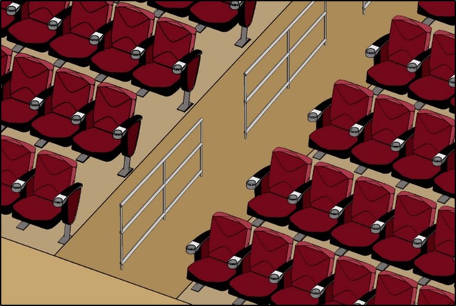 Aisle ramp with seating on both sides and center handrail that is discontinuous