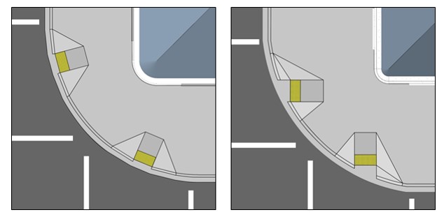 One figures shows curb ramps at corner with wide radius that are
aligned with the curb line and another where the curb ramps or more
directionally oriented to the crosswalk.
