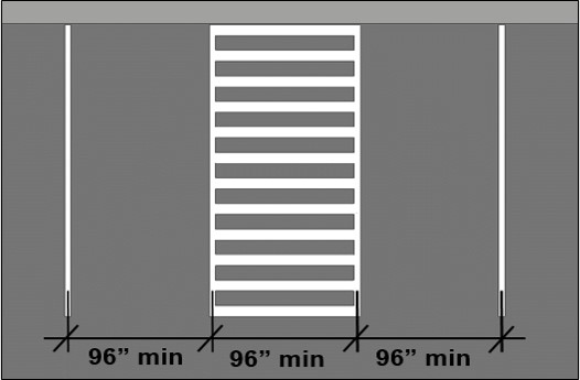 Van accessible parking space 96” wide min. and access aisle 96” wide min.