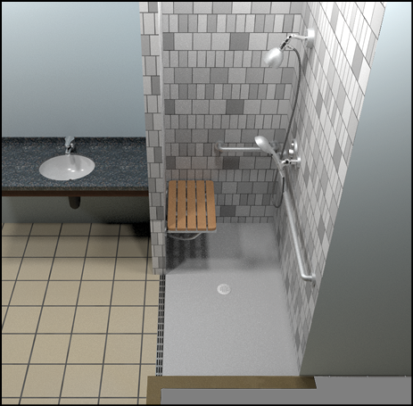 Alternate roll-in shower compartment with folding seat on front wall next to opening.