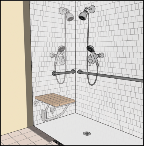 Shower controls and spray unit shown on the side wall farther from the
opening or opposite the seat on the back
wall.