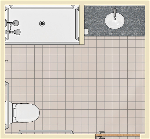 Plan view of bathroom with roll-in shower in a back corner and
lavatory in a counter next to it in the other back corner. A water
closet is in the front corner opposite the shower. A door is located in
the other front corner opposite the lavatory.