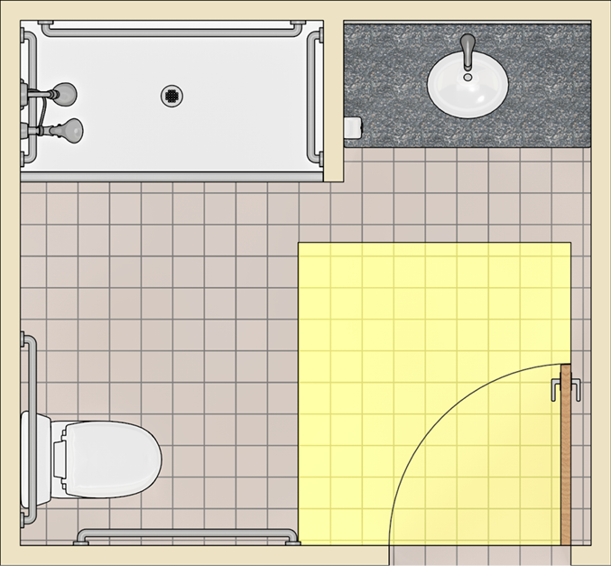 Door maneuvering clearance shown in bathroom with roll-in
shower.