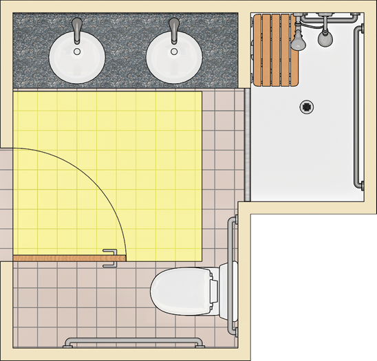 Bathroom with alternate roll-in shower and door maneuvering clearance
shown. No fixture overlaps the door maneuvering
clearance.