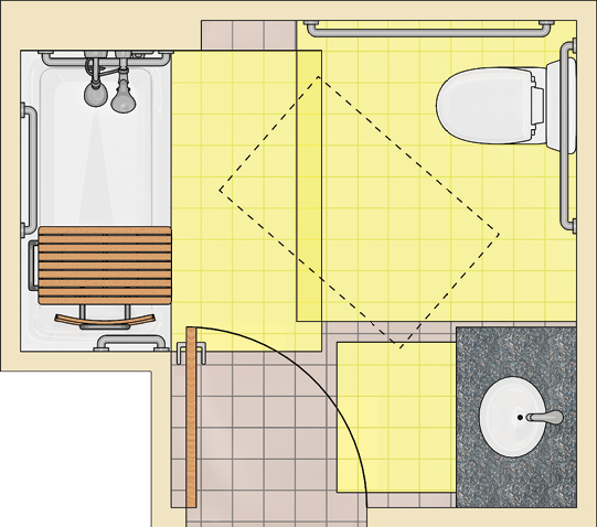 Bathroom with tub with clearances at tub, water closet, and lavatory
highlighted. The door swings into the tub and lavatory clearances.
Unobstructed wheelchair space is provided beyond the swing of the
door.