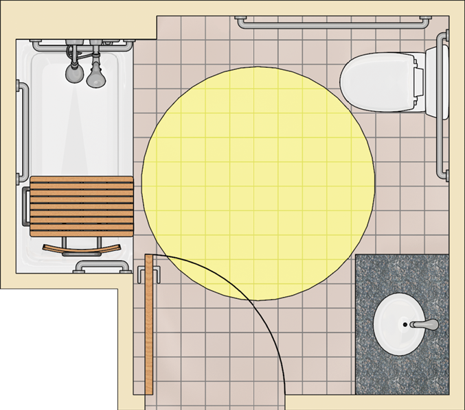 Bathroom with tub and removable seat with turning space shown in the middle of the room.  The door swings into the turning space.