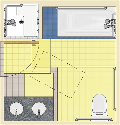 Bathroom with transfer shower and tub with fixture clearances shown.
Most partially overlap. The door swings into the shower and tub
clearances. An unobstructed clear floor space is provided beyond the
swing of the
door.