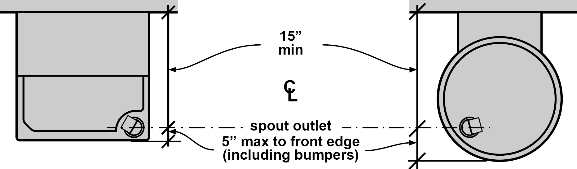 Drinking fountain with rectangular bowl with spouts 15 inches minimum from the
vertical support and 5 inches maximum from the unit's front edge. Drinking
fountain with round bowl with spouts 15 inches minimum from the vertical support
and 5 inches maximum from the unit's front edge.