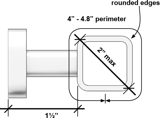 Grab bar with non-circular cross section with rounded edges and a perimeter dimension 4 inches to 4.8 inhces, a maximum cross-section dimension of 2 inches, and a clearance 1 1/2 inches from the wall