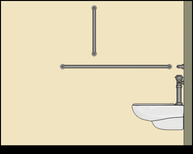 water closet with vertical grab bar above the horizontal side grab bar