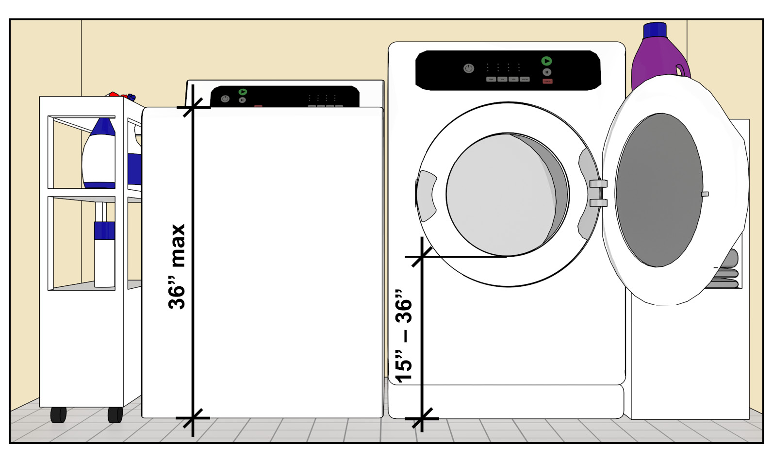 Front elevation view of washer and dryer.