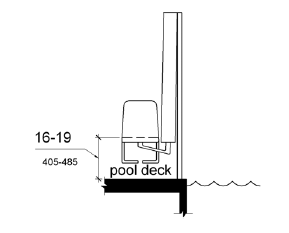 An elevation drawing shows pool lift seat height to be 16 to 19 inches (405 to 485 mm) measured from the deck to the top of the seat surface when in the raised (load) position.