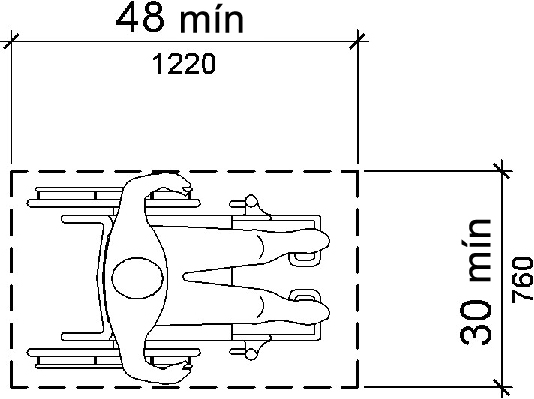 El espacio libre o en el suelo es de 30 pulgadas por 48 pulgadas (760 mm por 1220 mm) como mínimo.