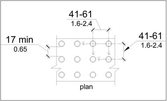 Truncated domes in plan view with a center-to-center spacing of 41 mm
(1.6 in) min and 61 mm (2.4 in) max, and a base-to-base spacing of 17 mm
(0.65 in) min, measured between the most adjacent domes