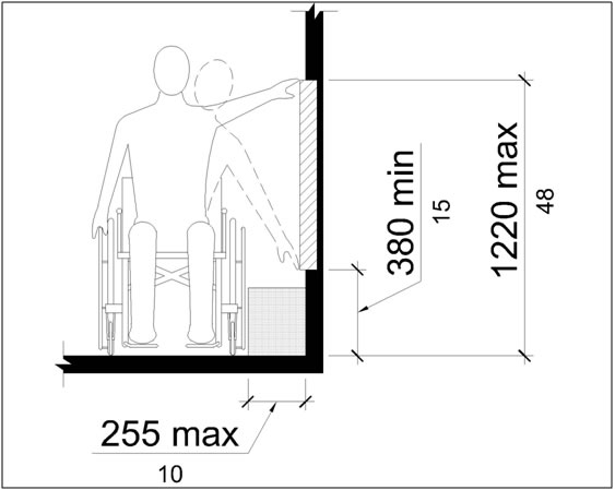 Unobstructed side reach shown in elevation to be 1220 mm (48 in) max
to 380 mm (15 in) min above the finish
surface.