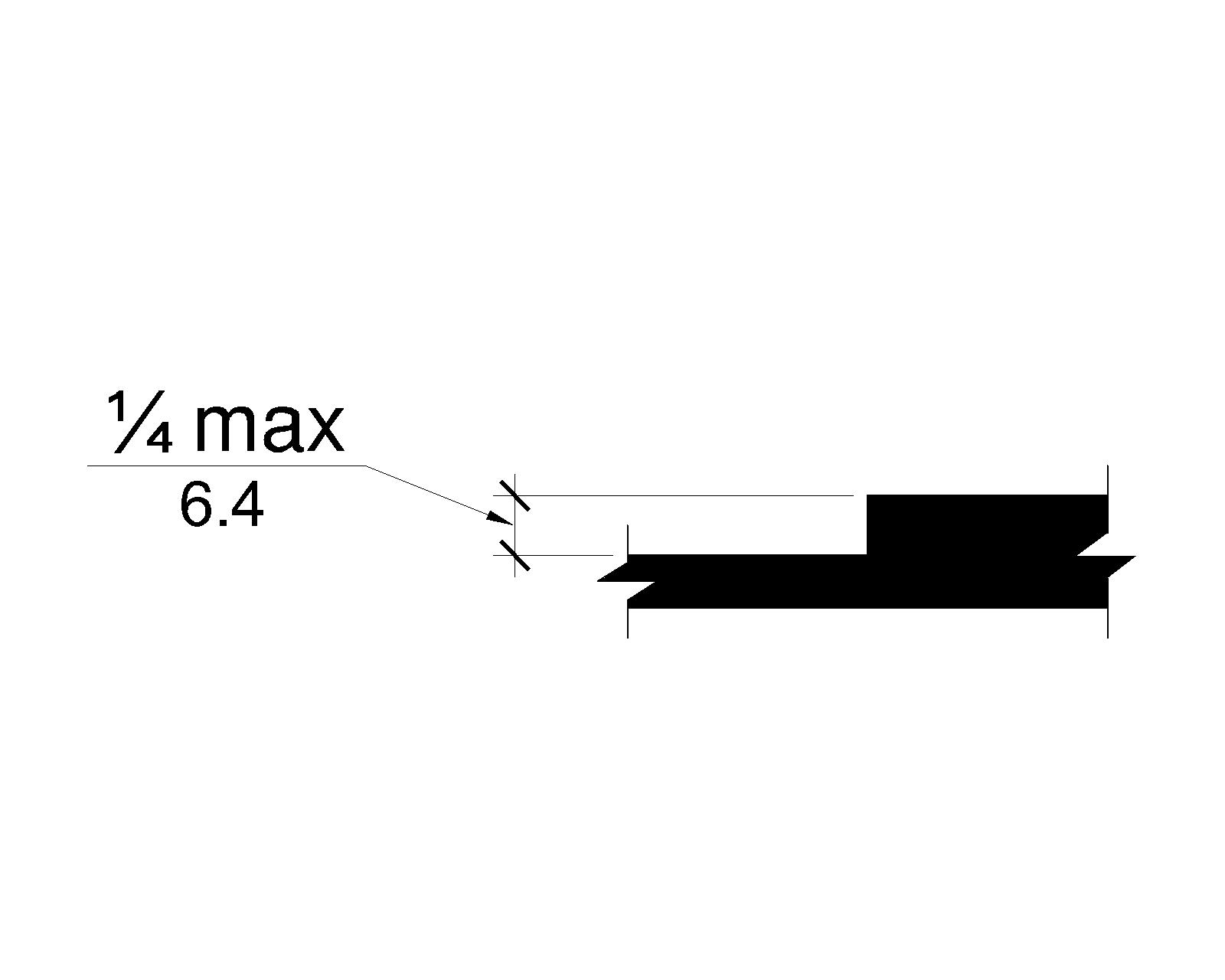 Elevation drawing of a change in level between the surfaces of two parallel planes with a vertical edge that is ¼ inch (6.4 mm) high maximum.