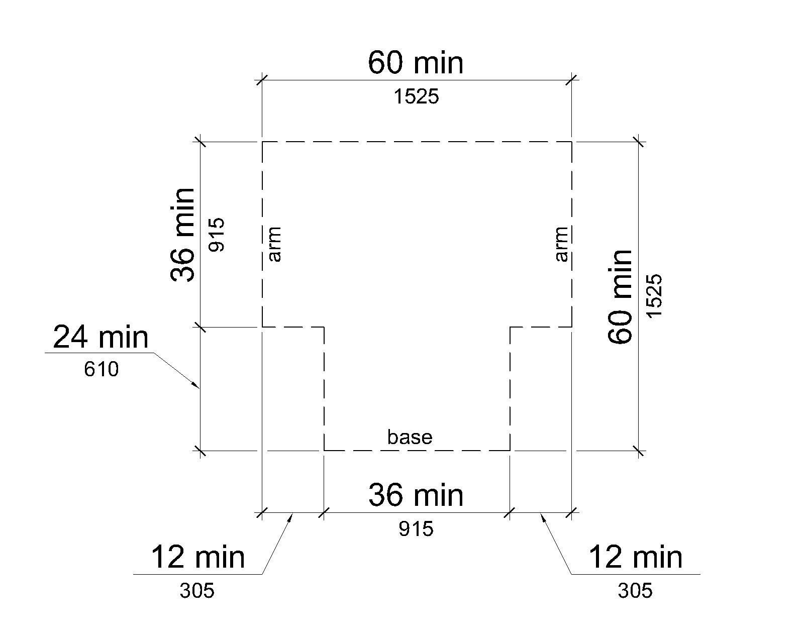 The T shape space is 36 inches (915 mm) wide at the top and stem within a 60 inch by 60 inch (1525 mm by 1525 mm) square.