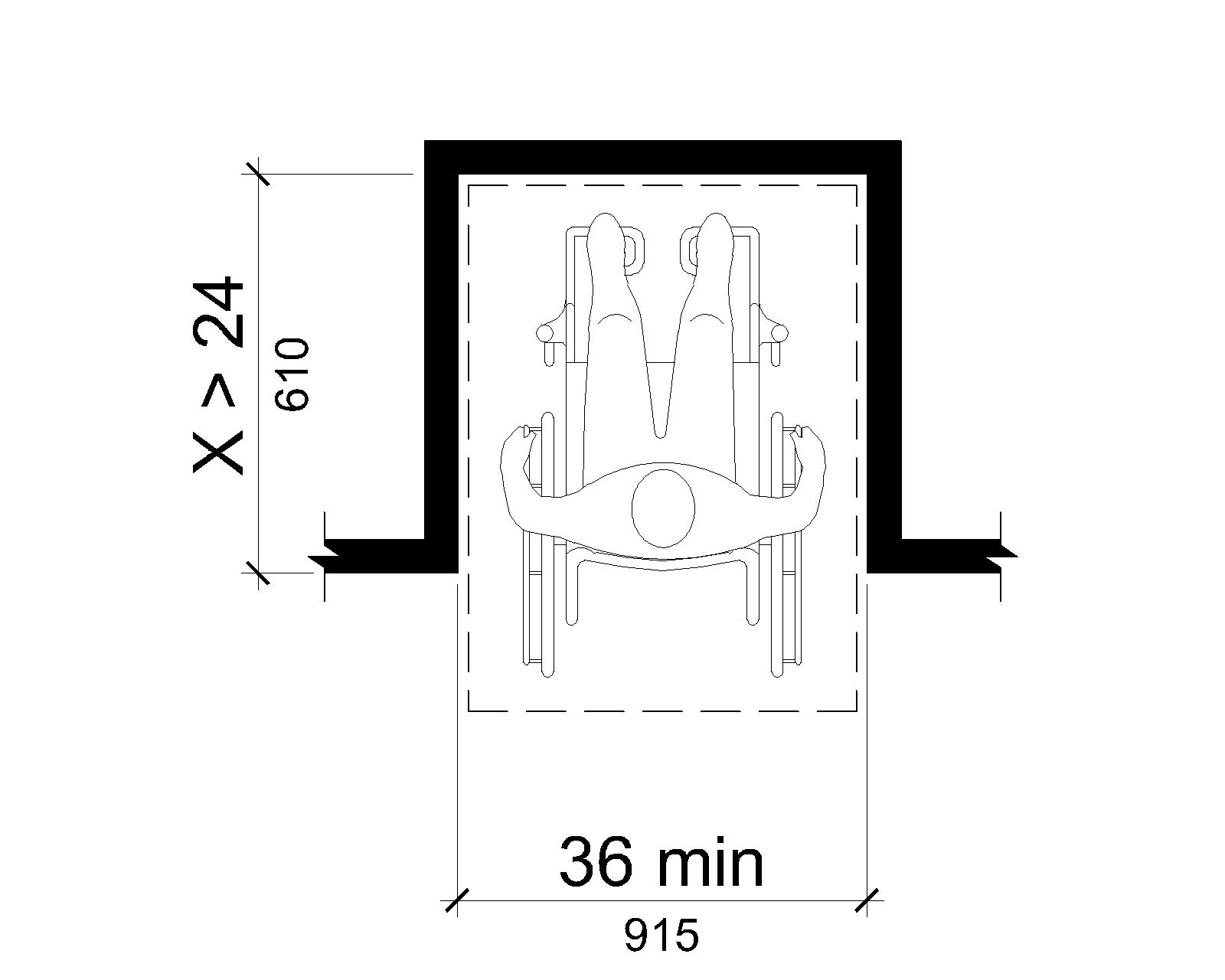 For a forward approach, if the depth of the alcove is greater than 24 inches (610 mm), the clear deck space within the alcove must be 36 inches (915 mm) wide minimum.