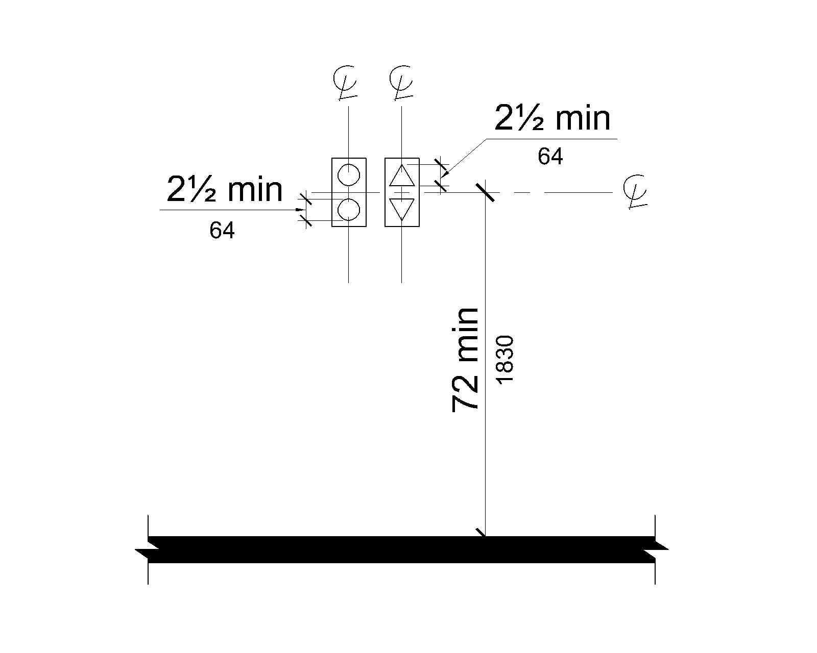 Visible signals are shown centered at 72 inches (1830 mm) minimum above the deck surface. The individual “up” and “down” elements, one with circular elements, another with triangular elements, are 2½ inches (64 mm) minimum measured along the vertical centerline of the element.