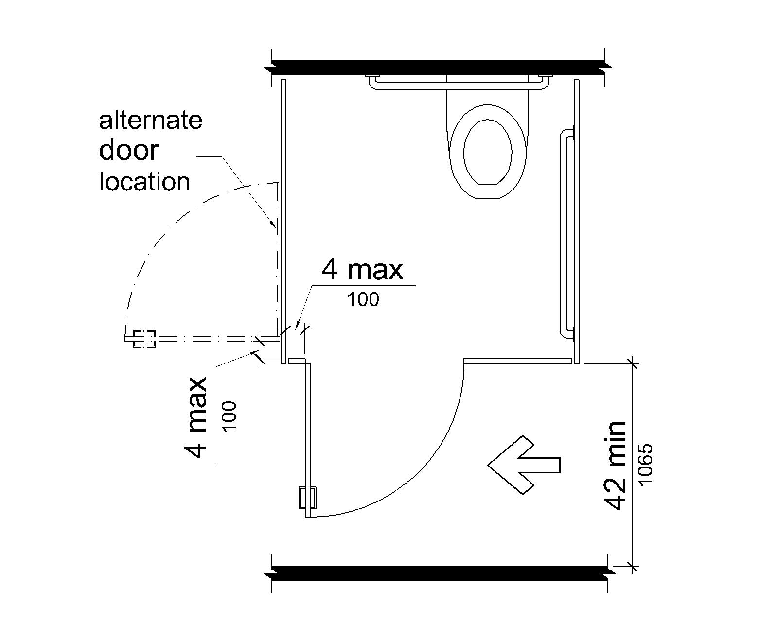 The compartment door is hinged 4 inches (100 mm) maximum from the side wall or partition farthest from the water closet so that the door opens on to the open transfer space. The minimum clearance between the door side of the stall and any obstruction is 42 inches (1065 mm).