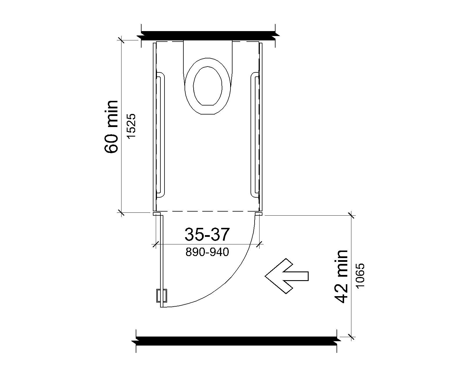 The compartment is 60 inches (1525 mm) deep minimum and 35 to 37 inches (890 to 940 mm) wide, with grab bars on both sides. The minimum clearance between the door side of the stall and any obstruction is 42 inches (1065 mm).