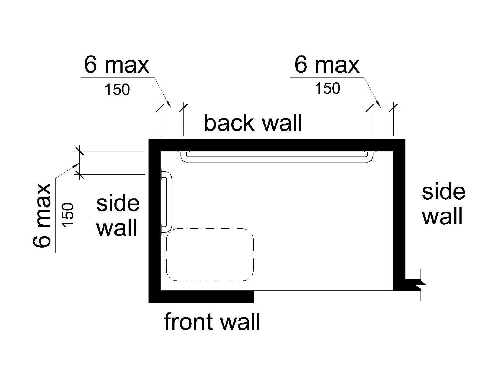 This figure shows an alternate roll-in shower with a seat. A grab bar extends on the wall opposite the seat and is 6 inches (150 mm) maximum from adjacent walls. Another grab bar is mounted on the side wall adjacent to the seat; this grab bar does not extend over the seat and is 6 inches (150 mm) maximum from the back wall.