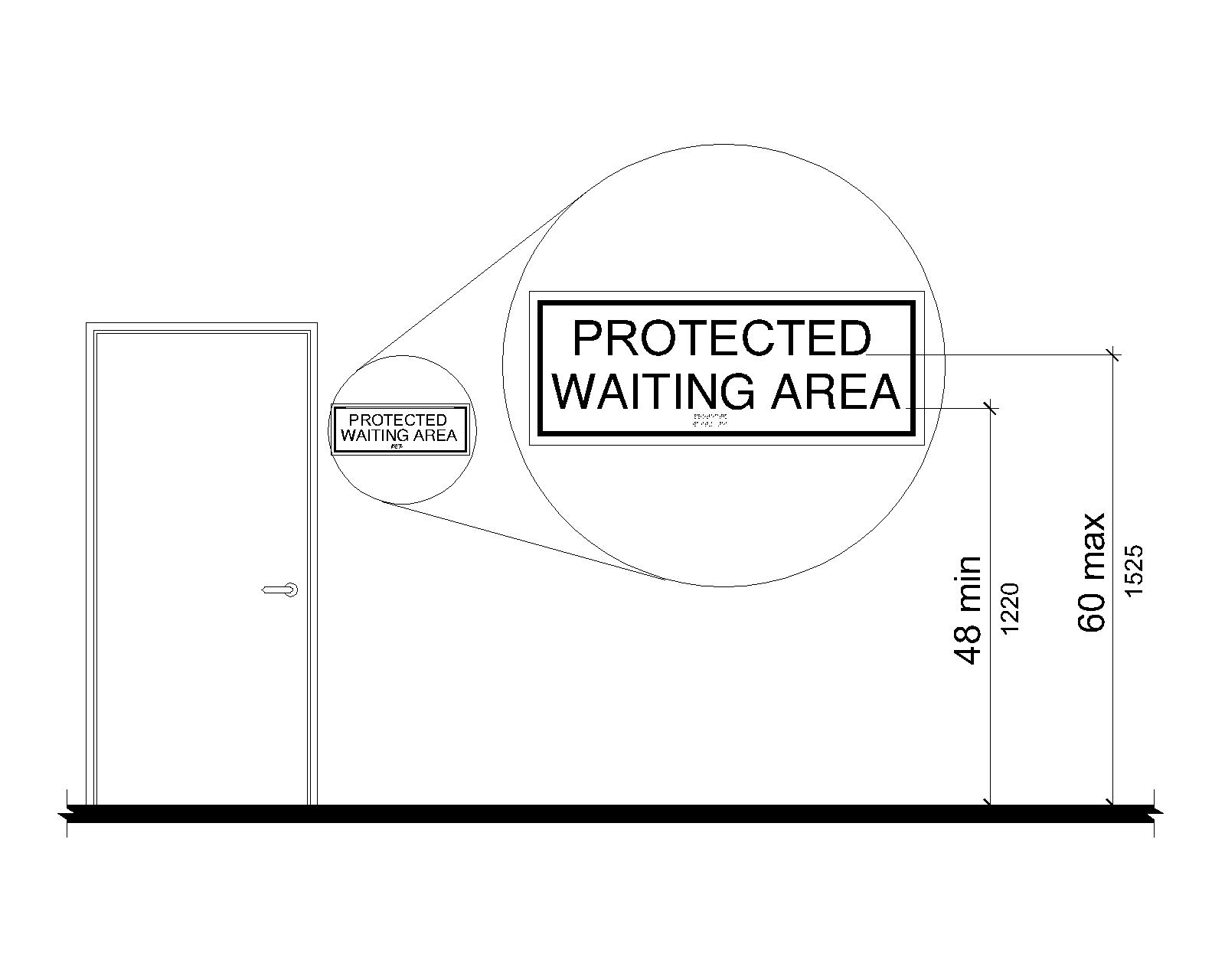 A tactile sign is shown mounted with the baseline of the lowest characters 48 inches (1220 mm) minimum and the baseline of the highest characters 60 inches (1525 mm) maximum above the finish deck surface.Sample sign says protected waiting area.