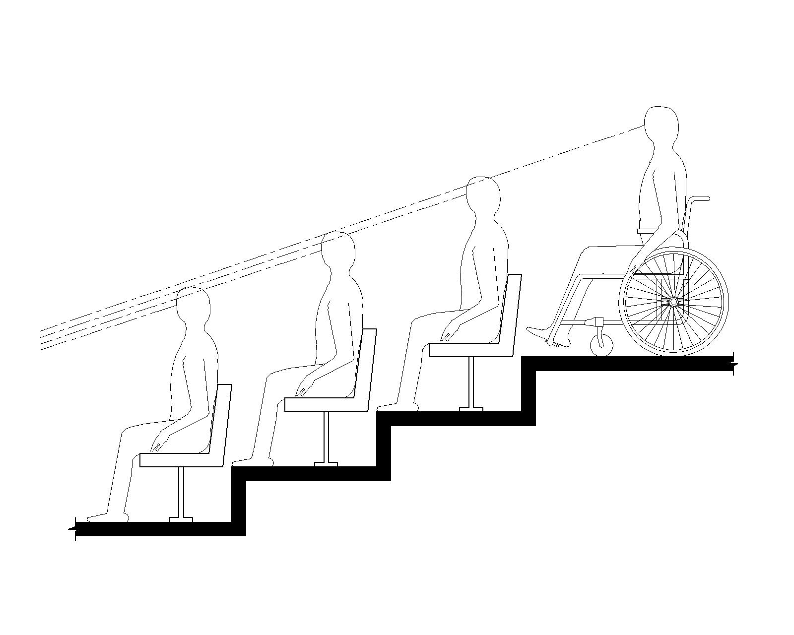 Elevation drawing shows a person using a wheelchair on an upper level of tiered seating having a line of sight between the heads of spectators seated in front.