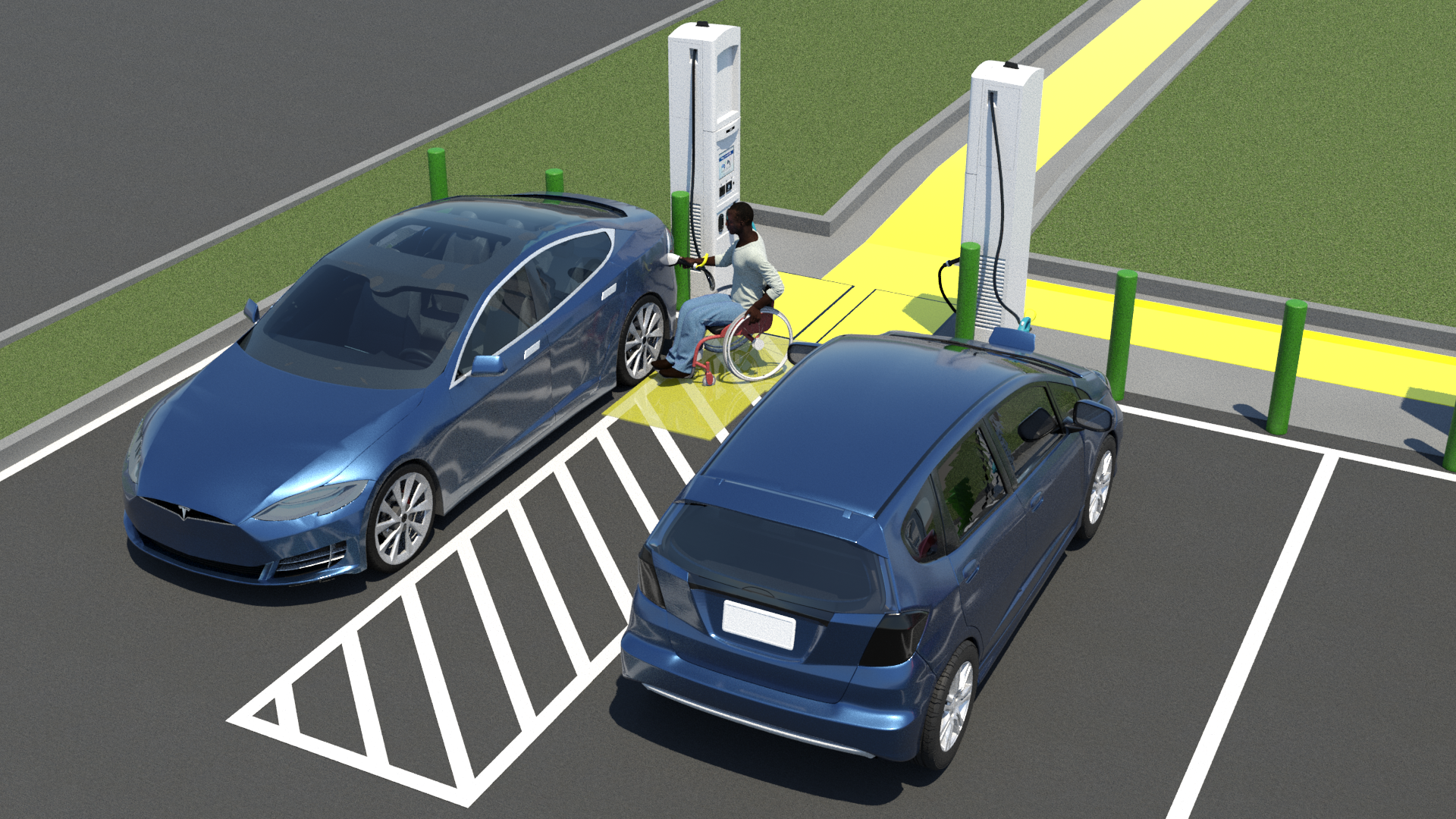 Perspective view of two EV charging spaces sharing a center access aisle. Vehicle on the left is backed in to charging space with charger connected to driver side rear charging inlet. Vehicle on the right is pulled forward into charging space with charger connected to front vehicle charging inlet. Both EV chargers are at the head of the charging spaces and protected by green bollards. EV chargers are rotated so they both face the center access aisle. (The EV charger on the left is rotated to face the right and has clear floor space on the right, and the EV charger on the right is rotated to face the left and has clear floor space on the left).