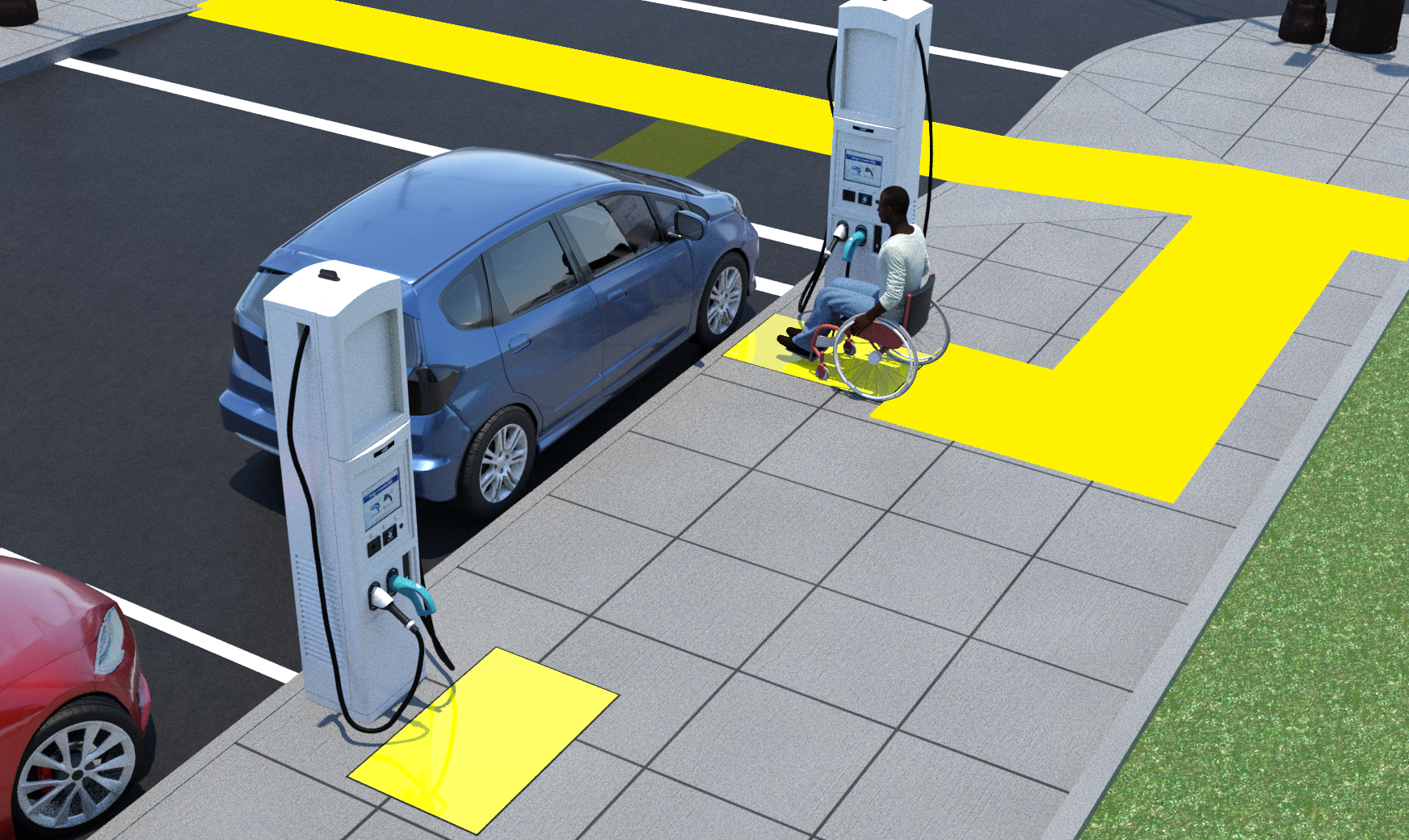 Blue car parked on the street at end of the block. Narrow sidewalk on the right side. Curb ramp and crosswalk at the end of the block. Semitransparent yellow route indicating accessible route from driver side door, up the curb ramp, and to the EV charger. Yellow rectangle indicating clear floor space at the EV charger. The EV charger is on the sidewalk at the head end of the on street parking space. The charger is rotated so it is perpendicular to the road and faces towards the center of the vehicle space. A 2nd EV charger is located at the foot and of the on street parking space and faces the sidewalk. A yellow rectangle indicating clear floor space is on the sidewalk in front of the 2nd EV charger.