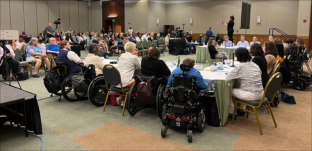 Board members seated at a head table and members of the public in chairs facing the head table.