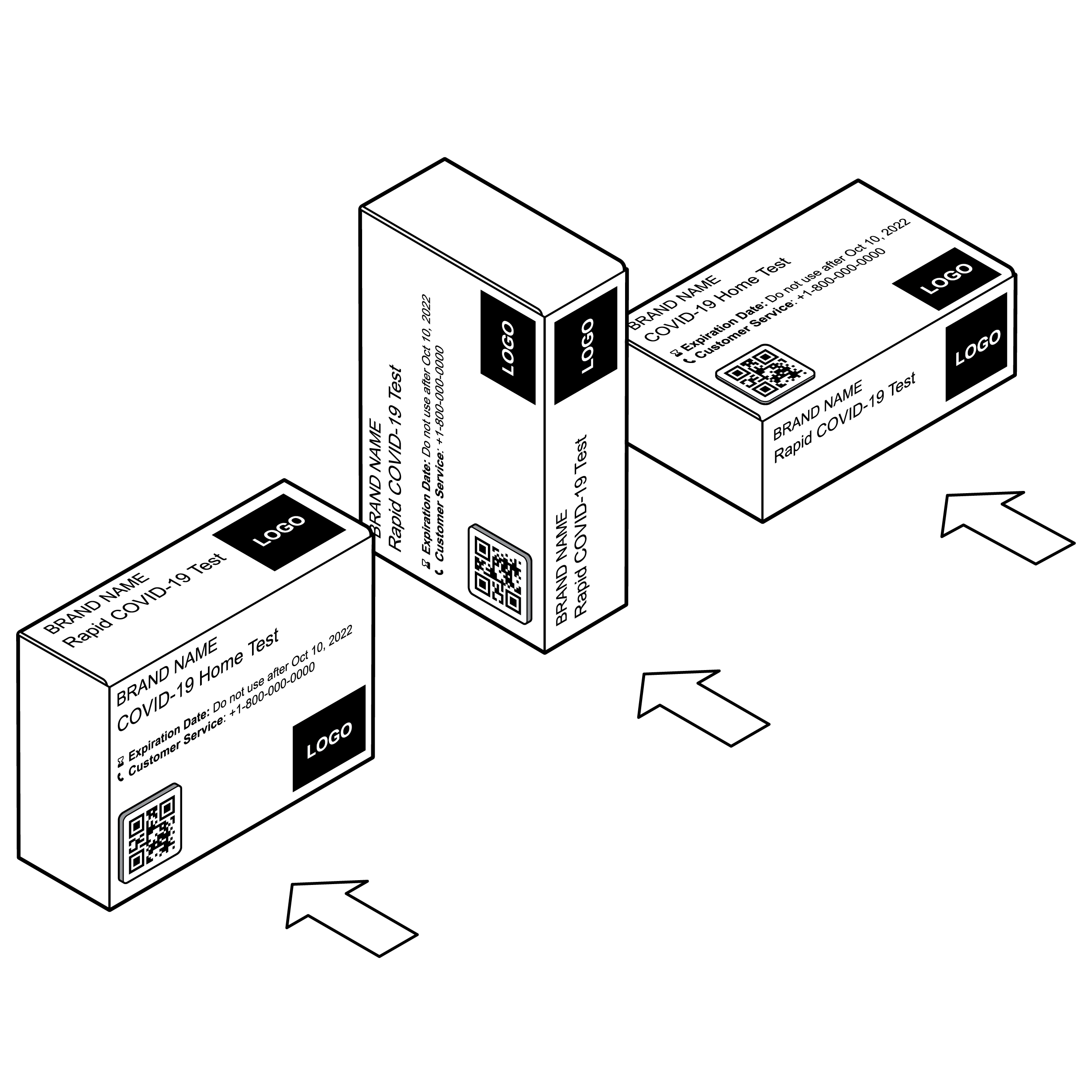 Three boxes positioned in different orientations on a shelf, each with labeling content visible on exposed panel.