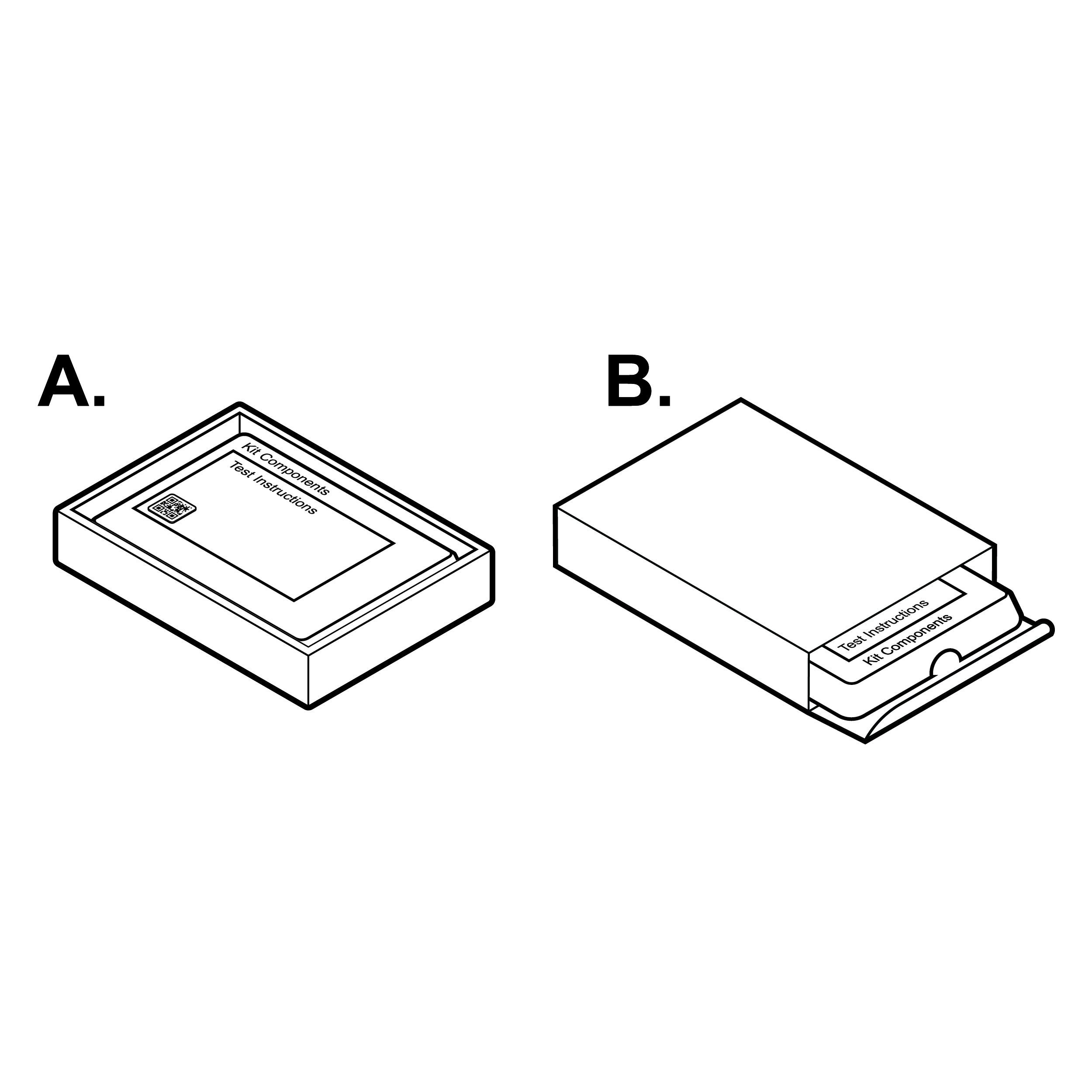 Test kit contents neatly stacked in trays with test instructions at the top-most layer and kit components in a tray underneath.