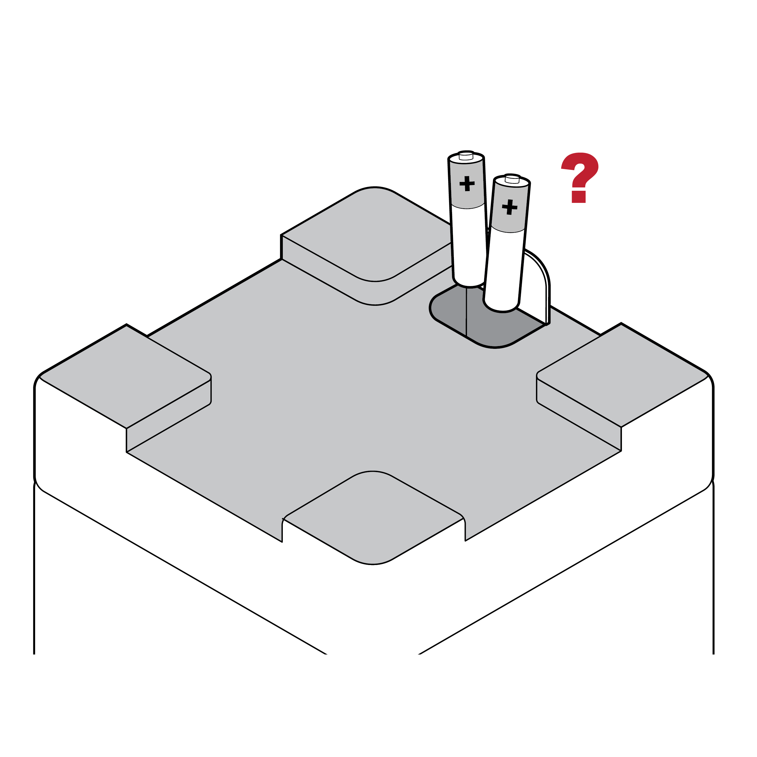 Test reader with small battery compartment and two batteries floating outside the reader. A red question mark indicates uncertainty about how to insert the batteries into the test reader.