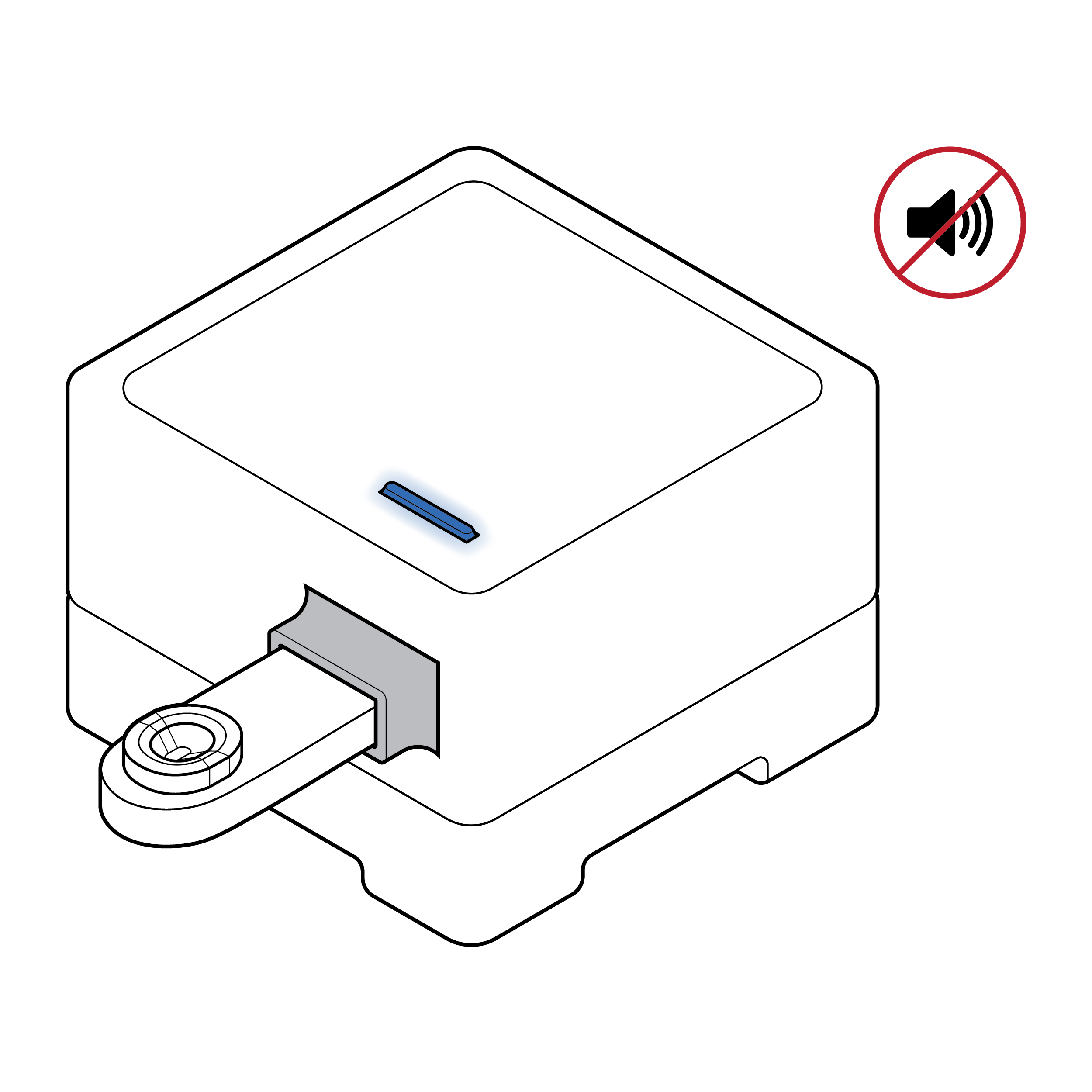 Test reader with a cassette inserted. No audio/sound symbol indicates a lack of audible feedback.