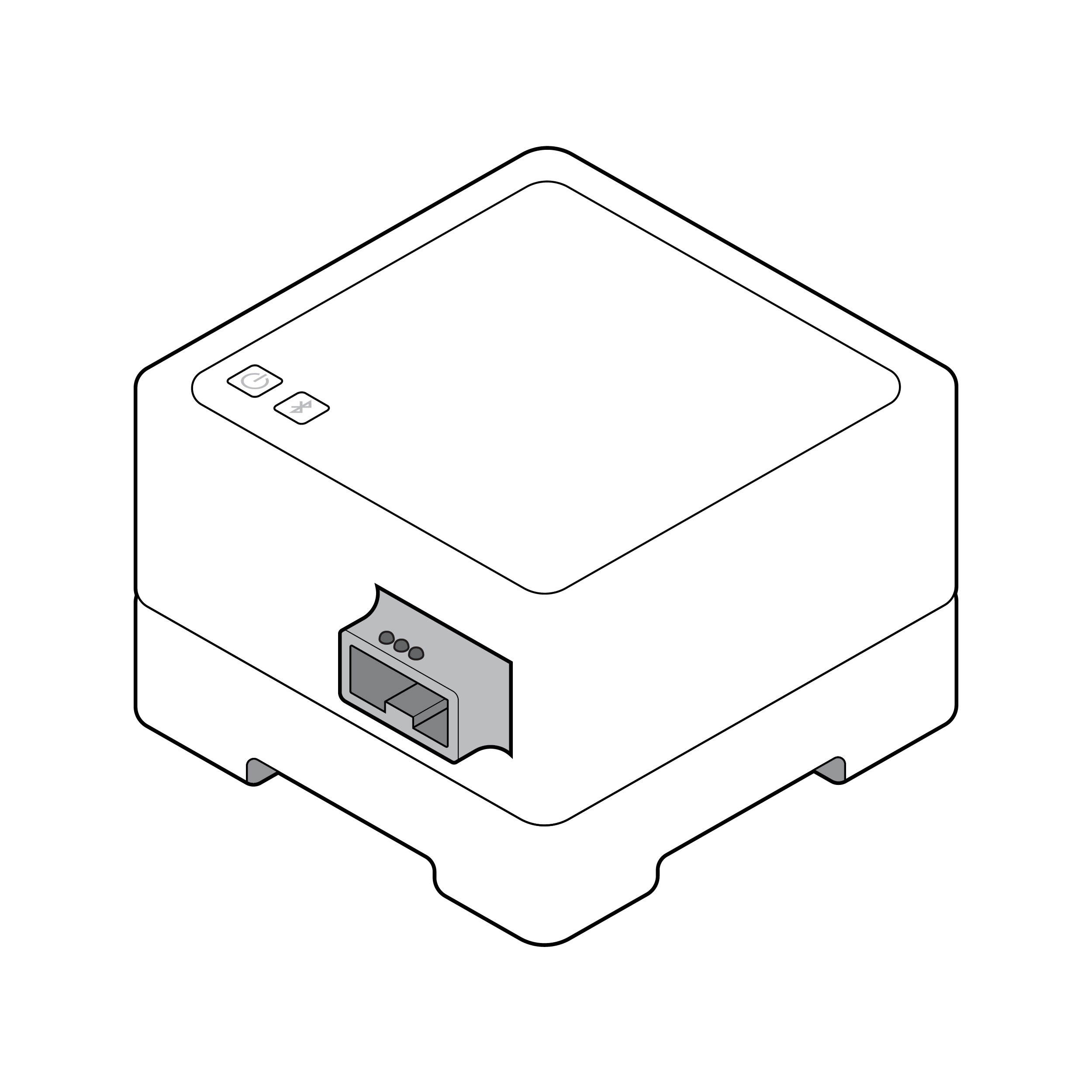 Test reader with two relatively small, flushed buttons on the top face labeled with low-contrast symbols. The button on the left has a power symbol and the button on the right has a Bluetooth symbol.