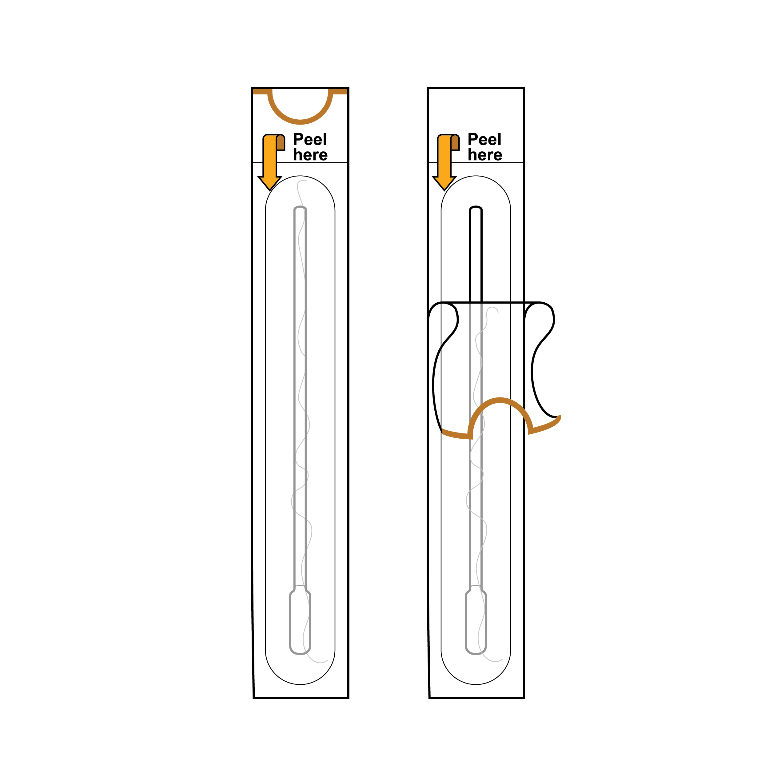 Partially peeled swab sleeve with the open end of the sleeve revealing the swab handle. The front, plastic part of the sleeve has a half-circle cutout to make it easier to separate and grasp.