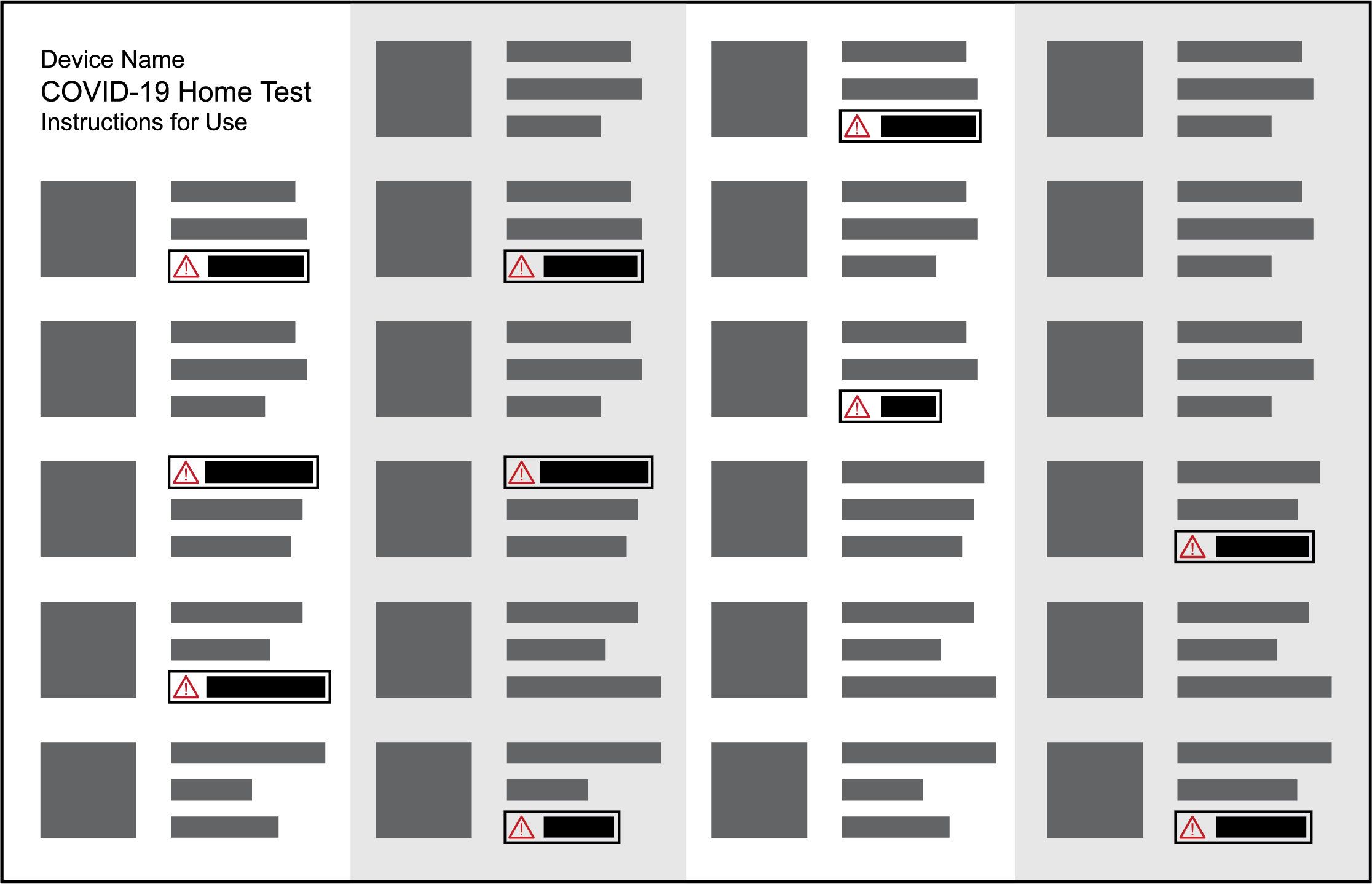 Test instructions with critical warning symbols in red and critical warning text in boldface font in a textbox callout to visually differentiate warnings from rest of text.