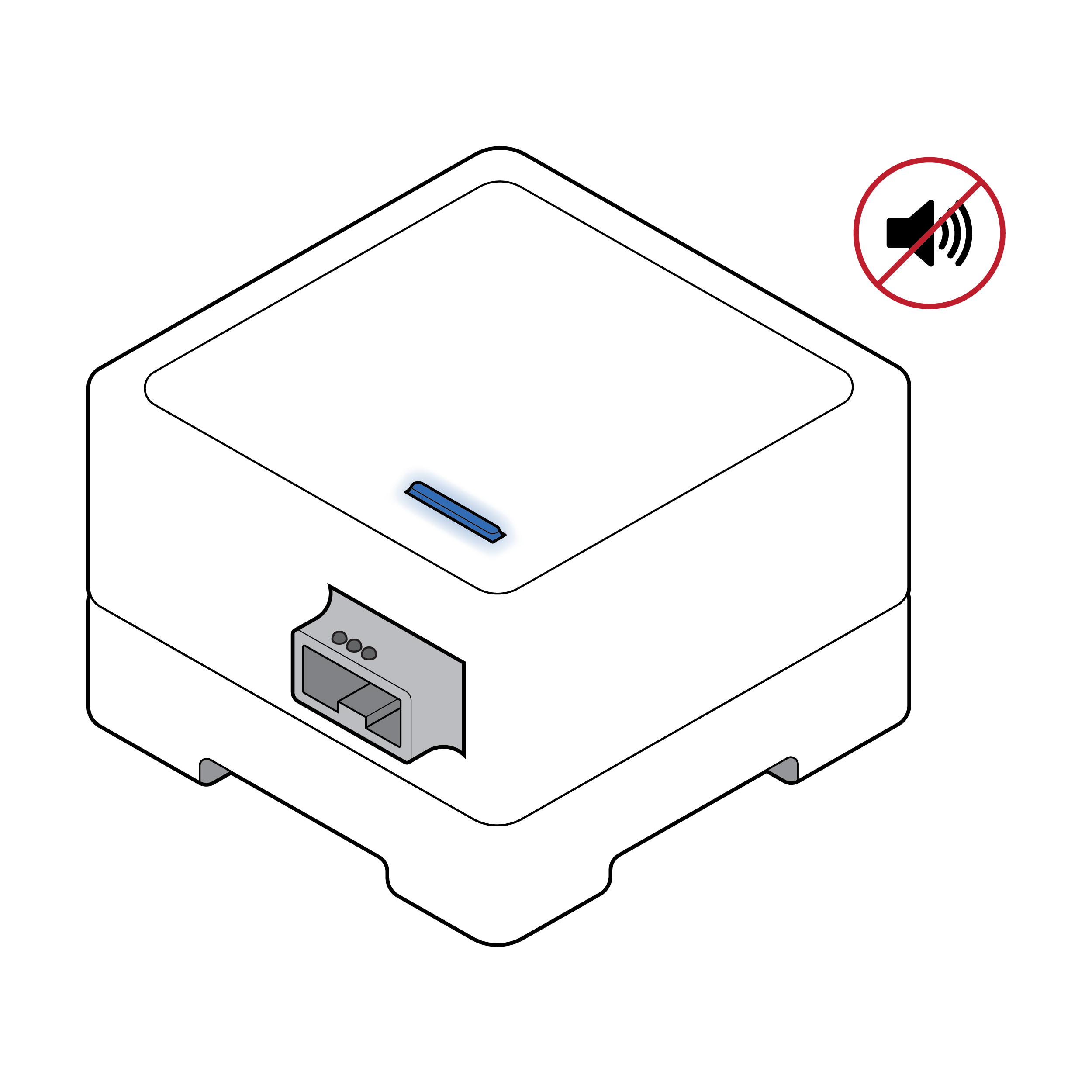 Test reader with a LED on the top surface and a no audio/sound symbol next to it indicating no audible feedback.