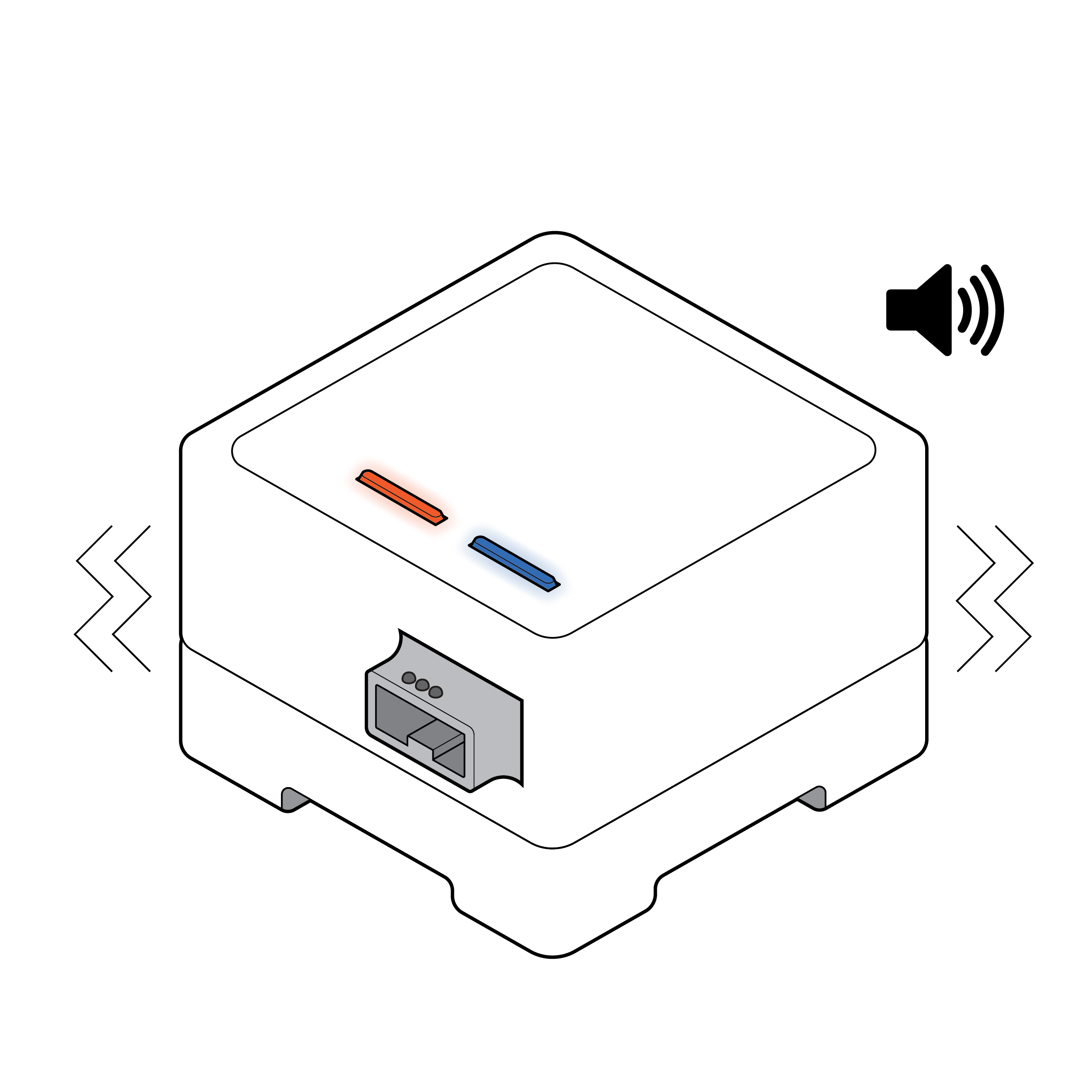 Test reader with audio/sound and haptic or vibration symbols next to it indicating audible and dynamic physical feedback. Two LED lights on top of the test reader indicate visual feedback.